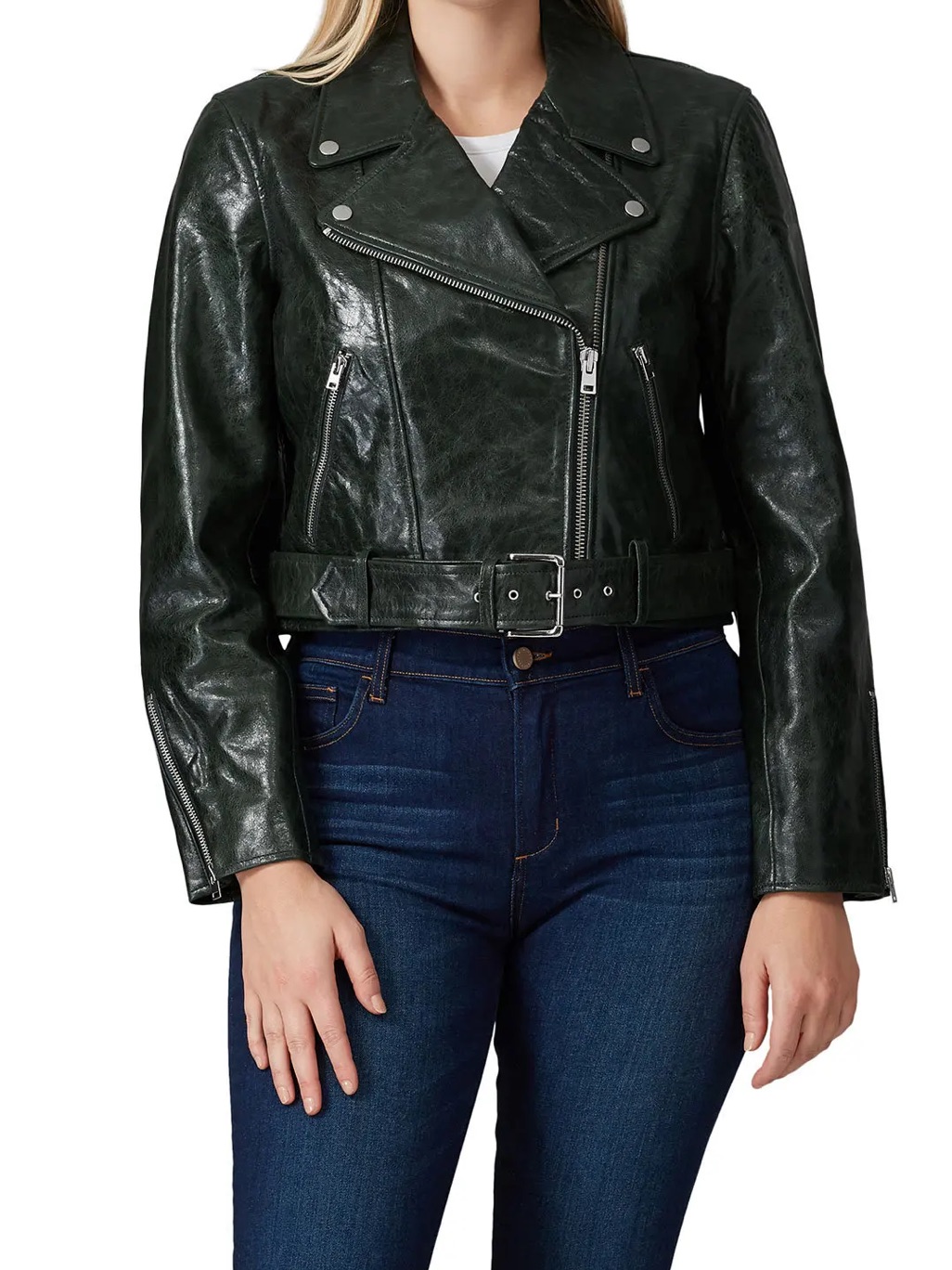 J. Crew Dark Green Leather Moto Jacket With Belted Waist